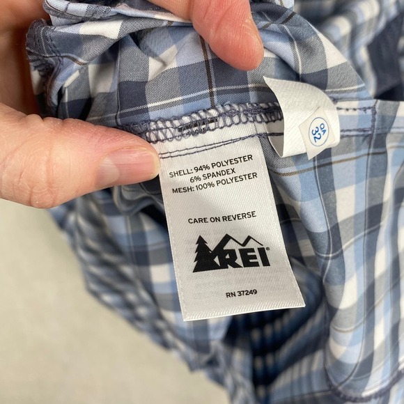 REI Blue Gray Plaid Check Print Short Sleeve Button Up Gorpcore Shirt Size Large - Picture 5 of 7